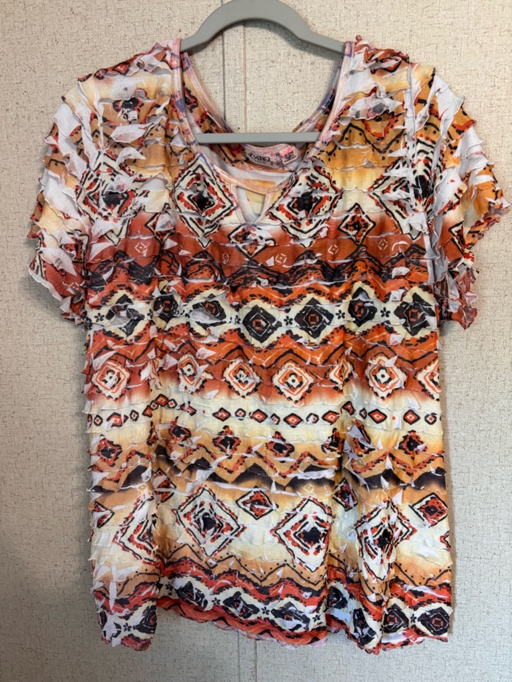 Women's Ruffled Short Sleeve Top - Orange Multi Catos XL